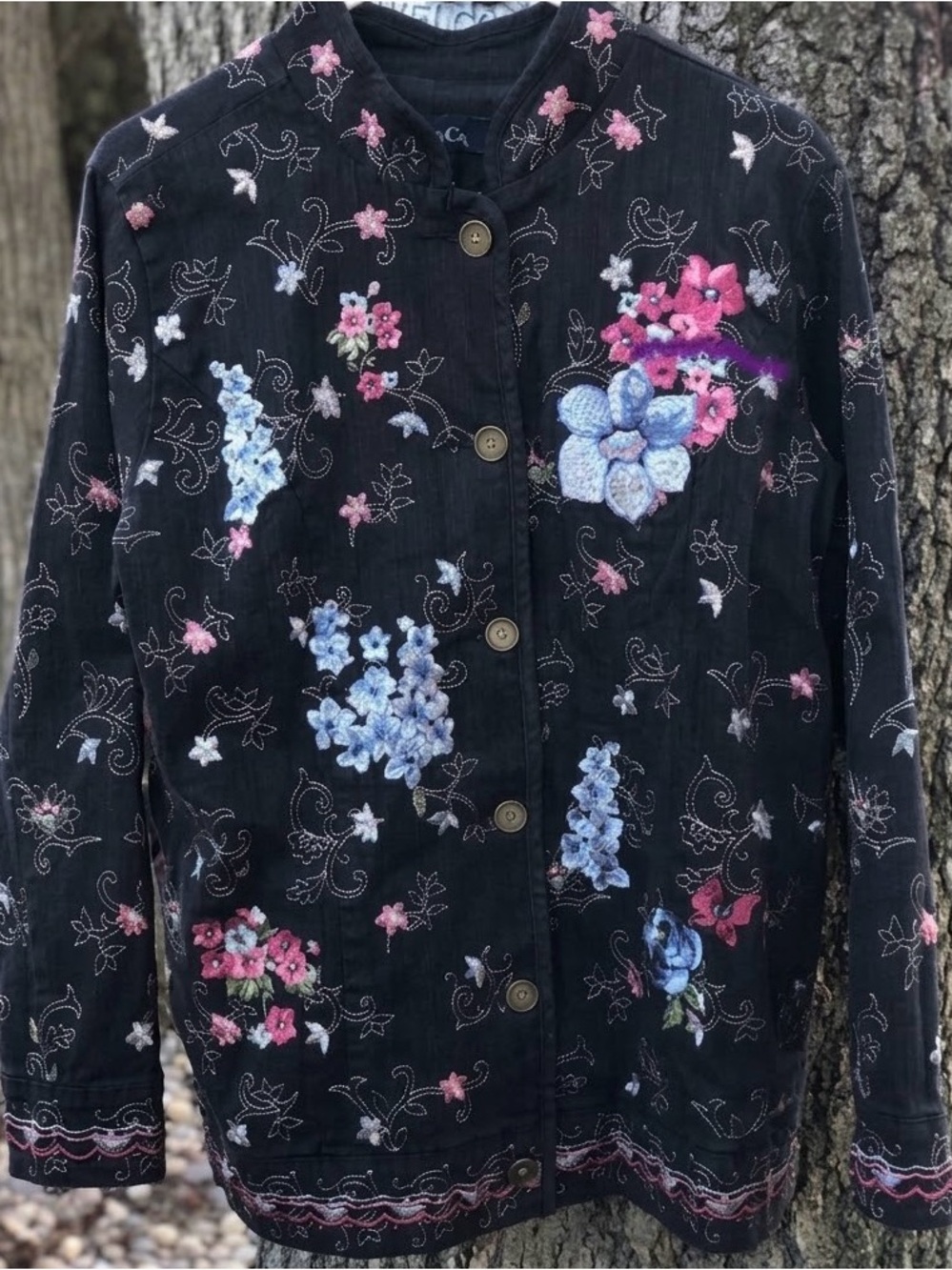 Denim & Co Floral Embroidery Dark Wash Jean Jacket Cottagecore Medium